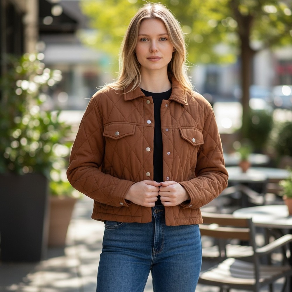 BlankNYC Quilted Cropped Jacket Brown Rayon Lyocell Snap Front 37DJ5993 Womens S